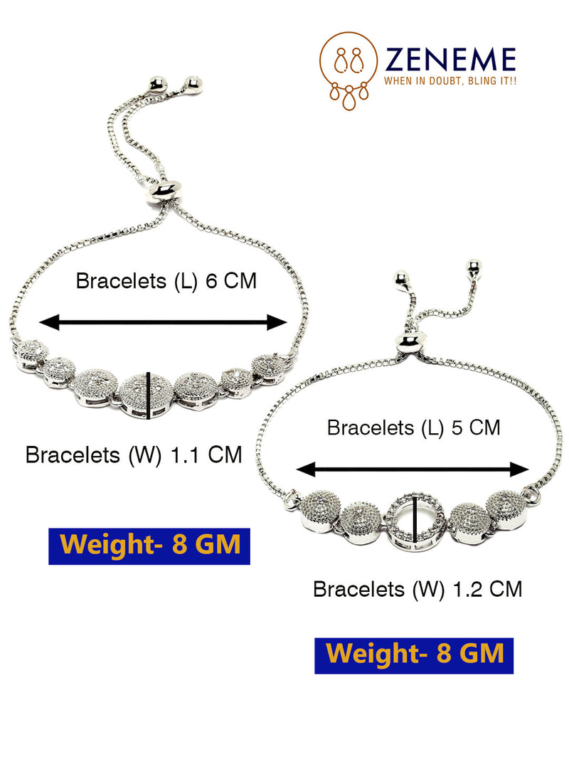 Rhodium Plated Silver Toned American Diamond Studded Halo Round & Round Charm Adjustable Bracelet Combo Set of 2