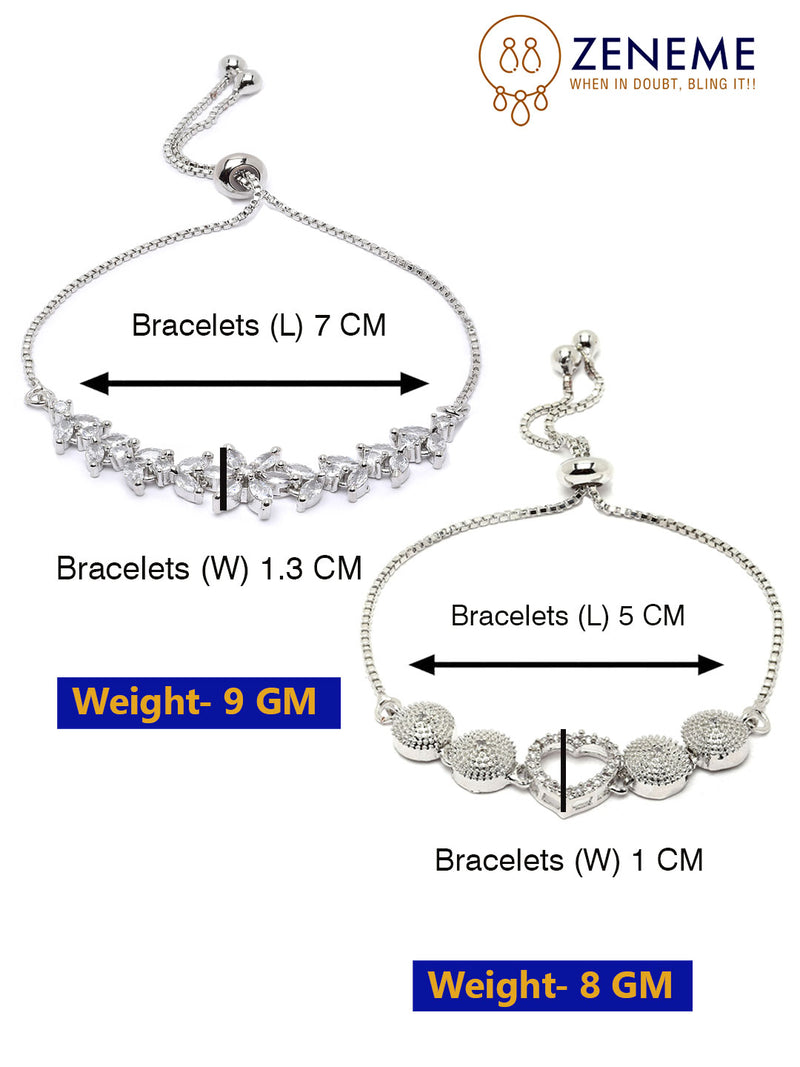 Rhodium Plated Silver Toned American Diamond Studded Heart Charm & White  Floral Design Adjustable Bracelet Combo Set of 2