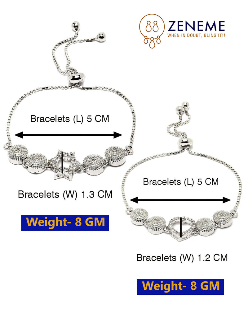 Rhodium Plated Silver Toned American Diamond Studded Heart & Star Charm Adjustable Bracelet Combo Set of 2