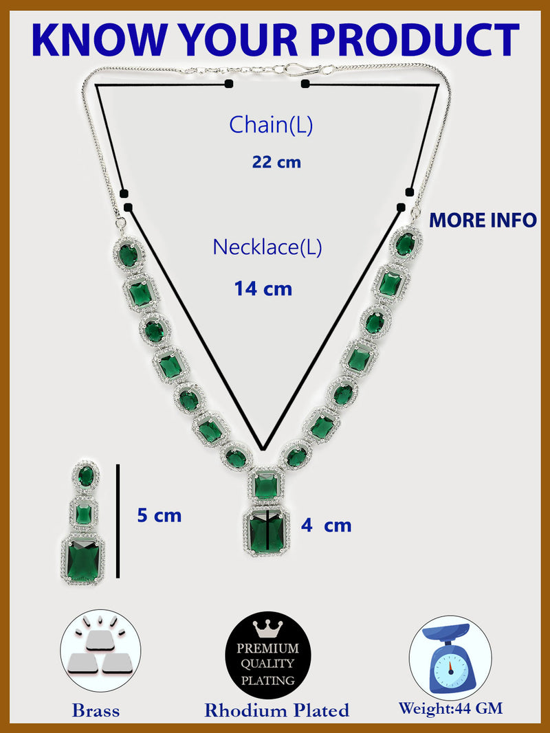 Rhodium Plated with Rectangle Drop Green & American Diamond Studded Necklace Set