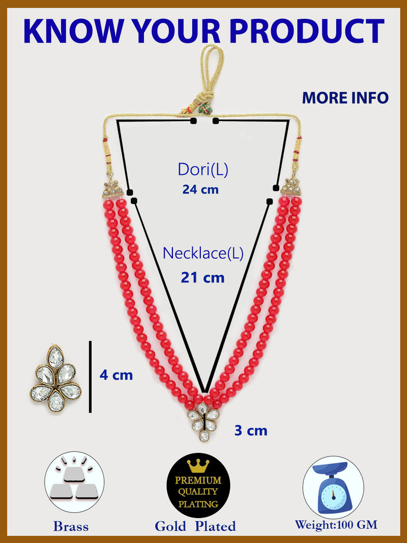 Gold Plated with Red Pearl & Kundan Studded Necklace Set