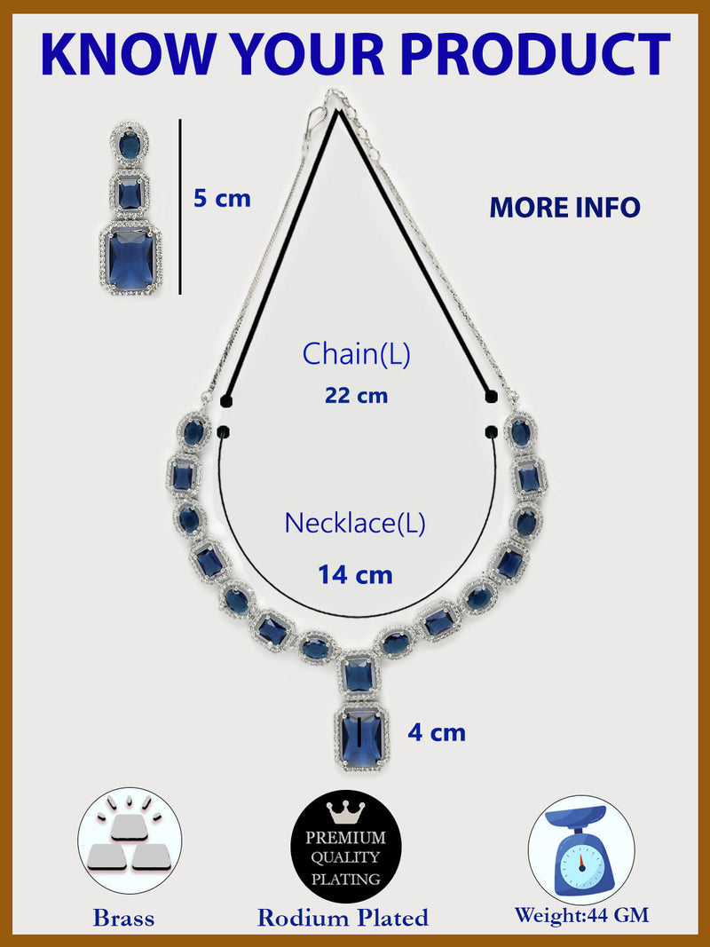 Rhodium Plated Silver Toned Royal Blue American Diamond Studded Jewellery Set