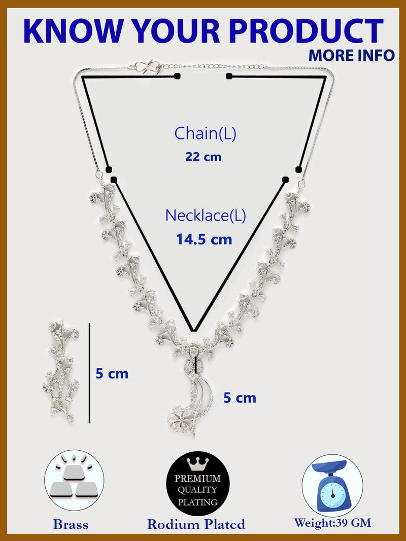 Rhodium Plated & Floral Vine Cascade with White American Diamond  Stone Studded Jewellery set