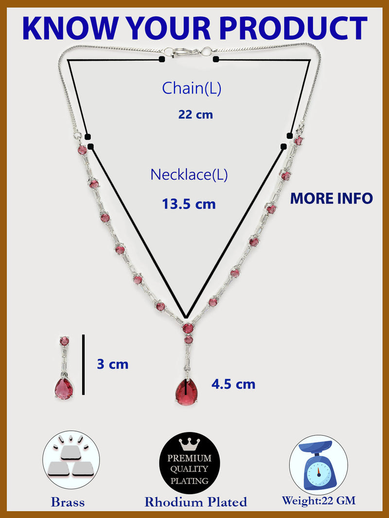 Rhodium Plated with Y Drop Style & Red American Diamond Studded Necklace Set