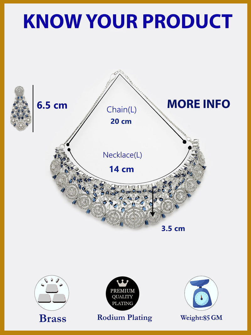 Rhodium Plated Silver Toned Round Design Blue  AD Studded Choker Necklace Set With Drop Earrings