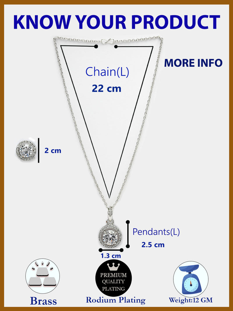 Rhodium Plated with Round White American Diamond Studded Pendant Set