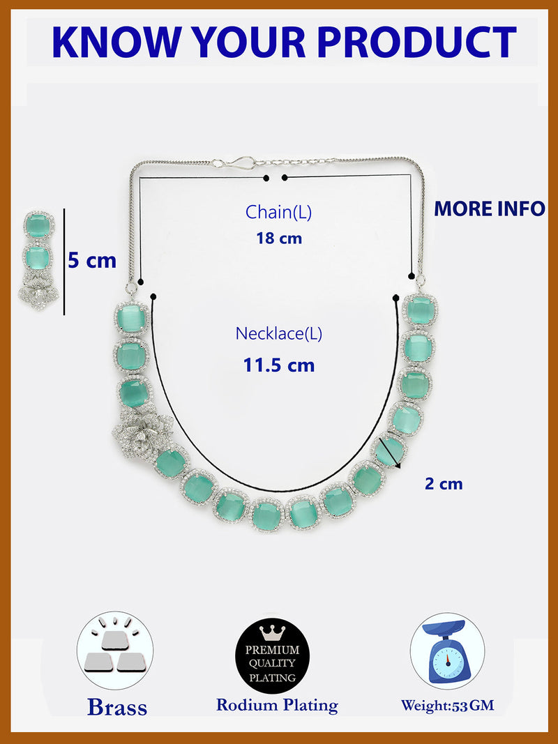 Rhodium Plated Silver Toned Sea Green Cussion Cut AD Studded  Necklace With Matching Drop Earrings