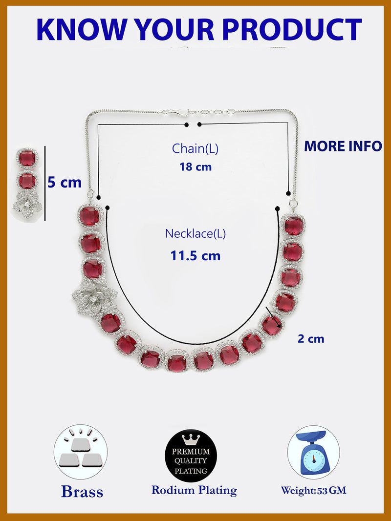 Rhodium Plated Silver Toned Red Cussion Cut AD Studded  Necklace With Matching Drop Earrings