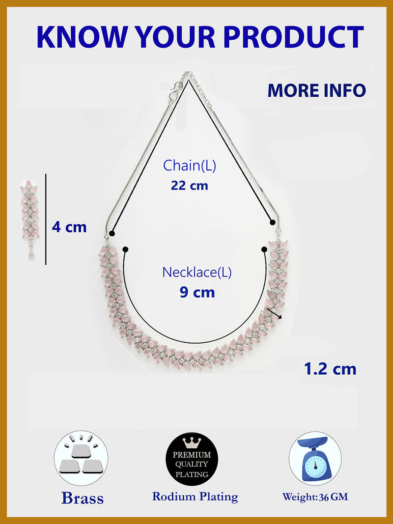 Rhodium Plated Silver Toned Pink Floral American Diamond Studded Necklace With Matching Earrings