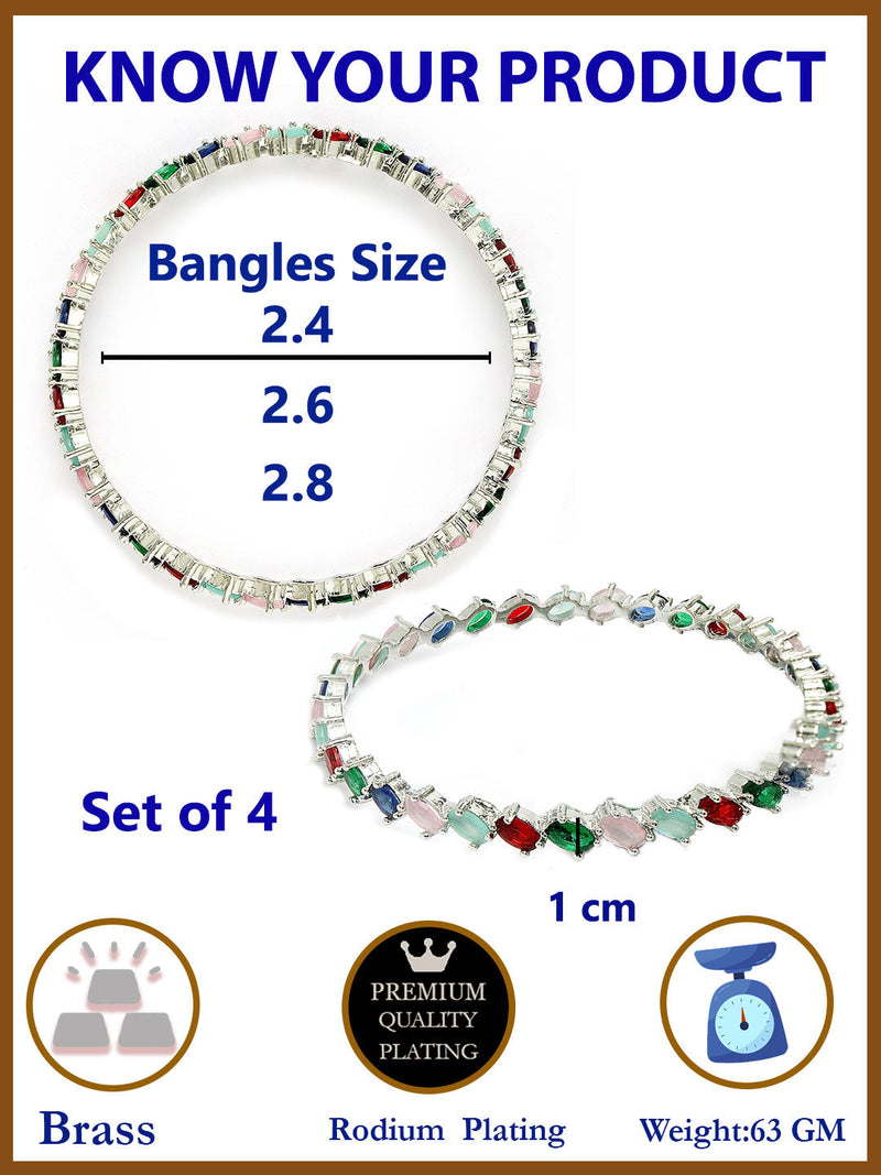 Rhodium Plated Silver Toned Multicoloured Rectangle AD Studded Set Of 4 Stylish Bangles