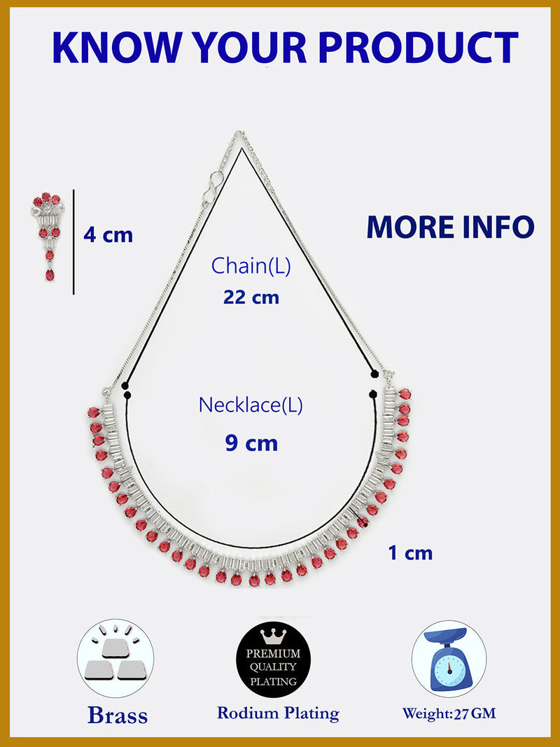 Rhodium Plated Silver Toned Red American Diamond  Studded Classic Necklace With Floral Drop Earrings