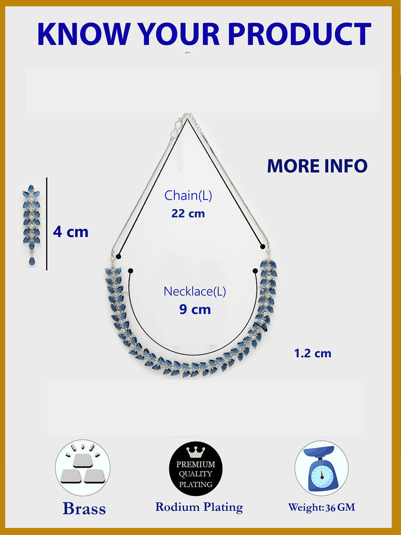 Rhodium Plated Silver Toned Blue Floral American Diamond Studded Necklace With Matching Earrings