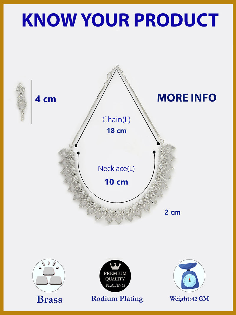 Rhodium Plated Silver Toned Marquise Shaped White American Diamond Studded  Necklace With Matching Drop Earrings