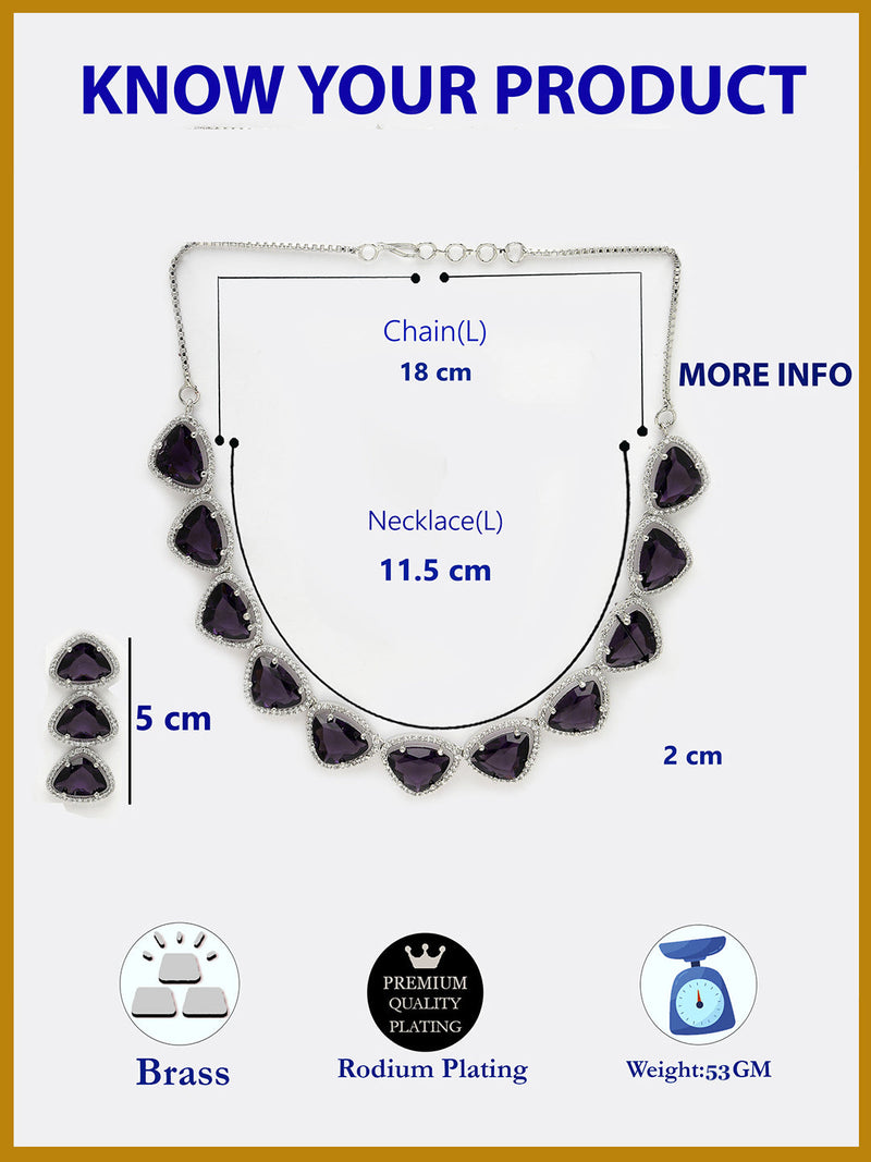Rhodium Plated Silver Toned Purple Trillion Cut AD Studded Necklace With Matching Drop Earrings