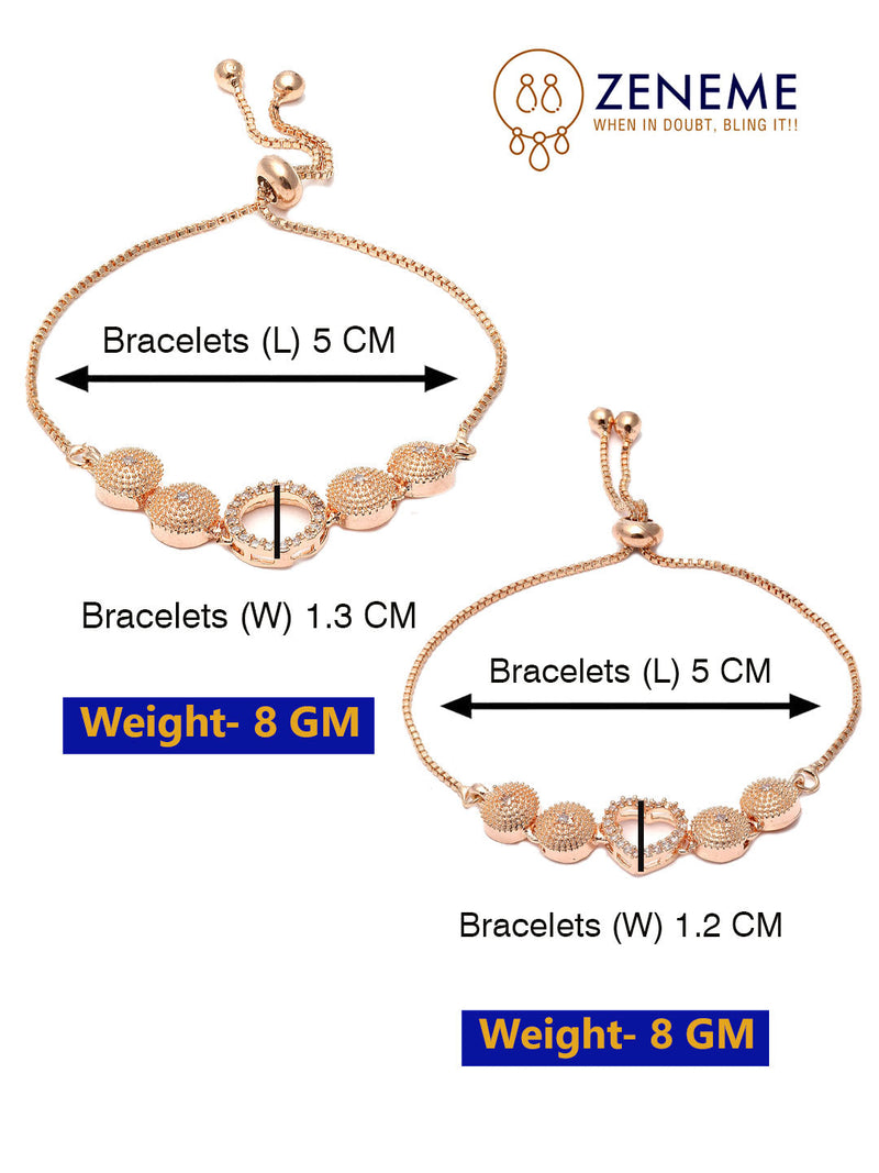 Rose Gold Plated American Diamond Studded Halo  Heart & Round Charm Adjustable Bracelet Combo Set of 2