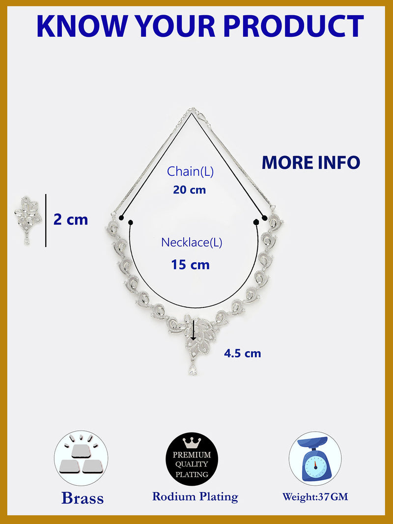 Rhodium Plated Silver Toned Floral Motif White AD Studded Necklace Set With Earrings