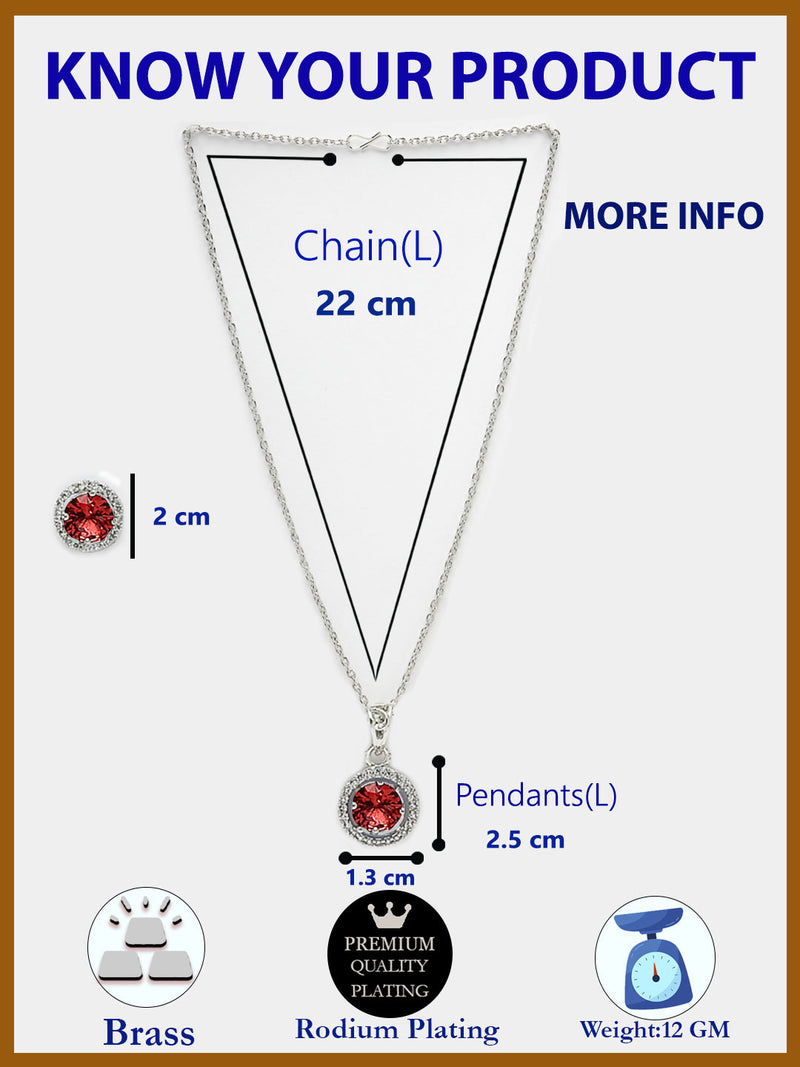 Rhodium Plated with Round Red American Diamond Studded Pendant Set