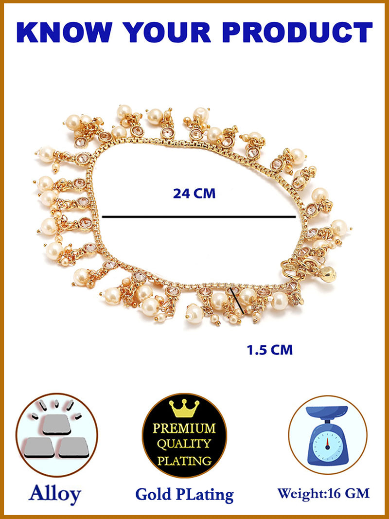 Gold-Plated Round White Pearl Studded Anklets