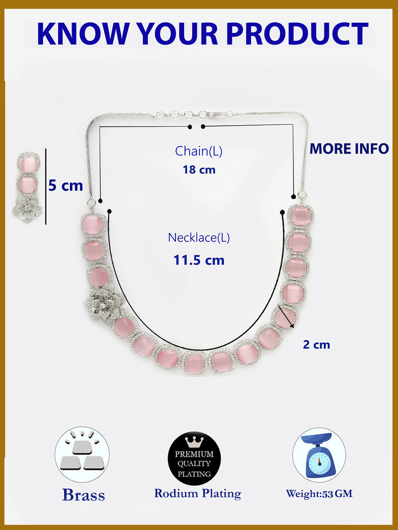 Rhodium Plated Silver Toned Pink Cussion Cut AD Studded  Necklace With Matching Drop Earrings