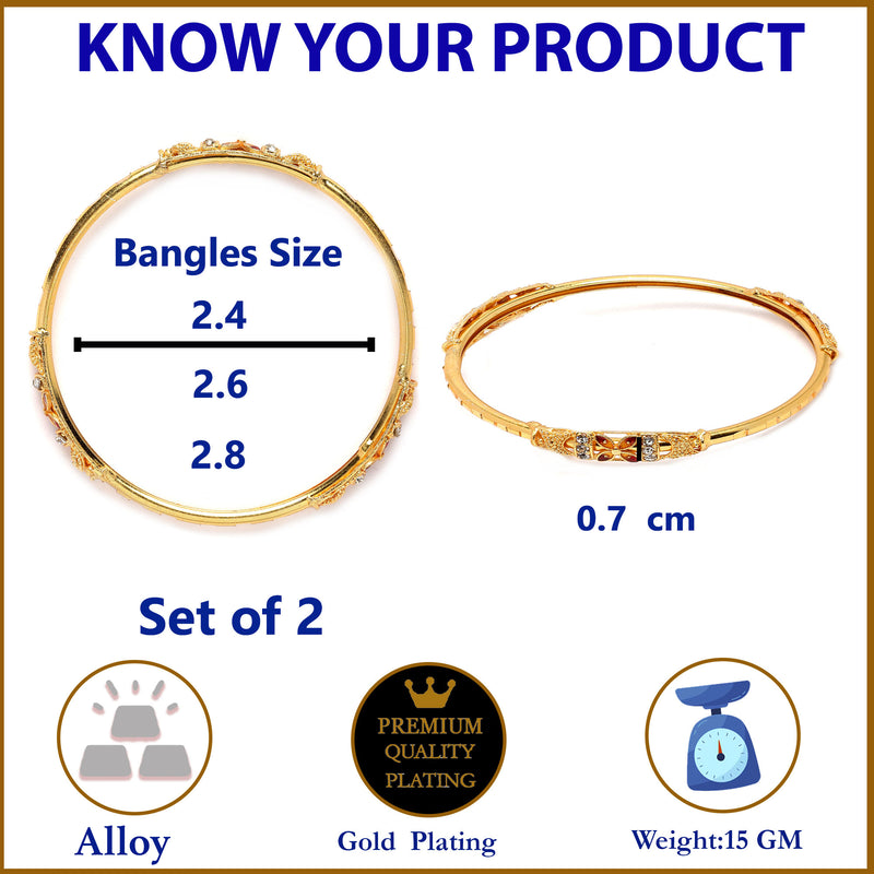 Set Of 2 Gold-Plated Red American Diamond studded Flower Shaped Bangles