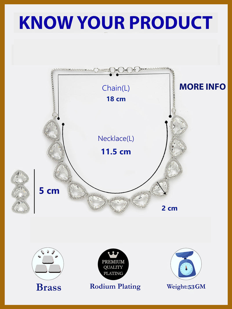 Rhodium Plated Silver Toned White Trillion Cut AD Studded Necklace With Matching Drop Earrings