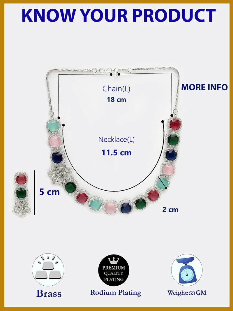 Rhodium Plated Silver Toned Multicoloured Cussion Cut AD Studded  Necklace With Matching Drop Earrings