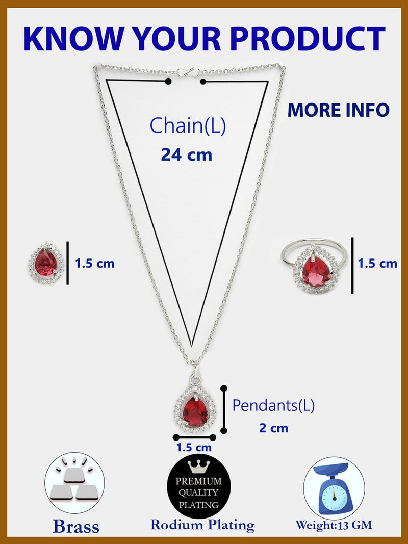 Rhodium Plated Silver Toned Tear Dropped Shaped Ruby Red American Diamond Studded Pendant Combo With Ring