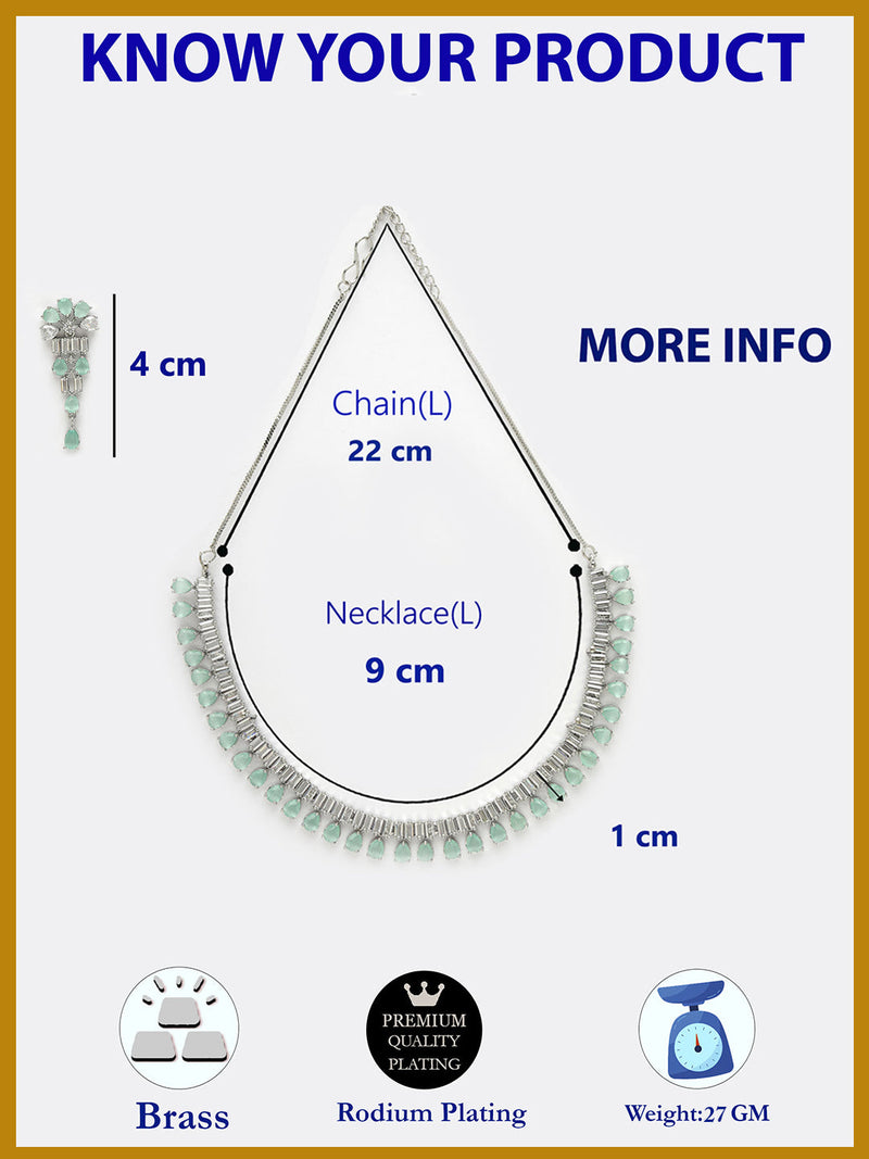 Rhodium Plated Silver Toned Sea Green American Diamond  Studded Classic Necklace With Floral Drop Earrings