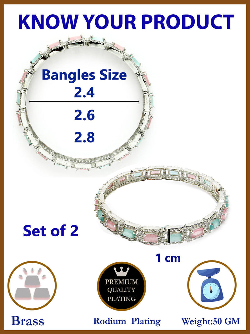 Rhodium Plated Silver Toned Sea Green & Pink Square AD Studded Set Of 2 Stylish Bangles