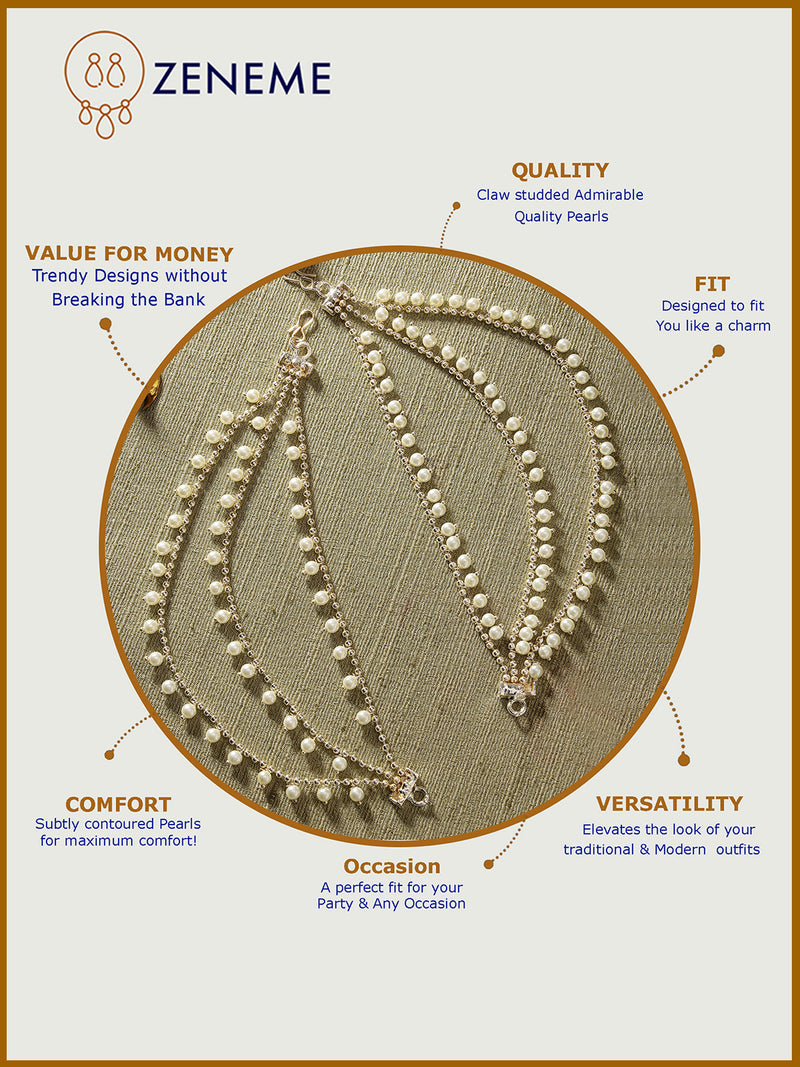 Gold Plated with White Pearls Studded Long Chain Attachment for Earrings