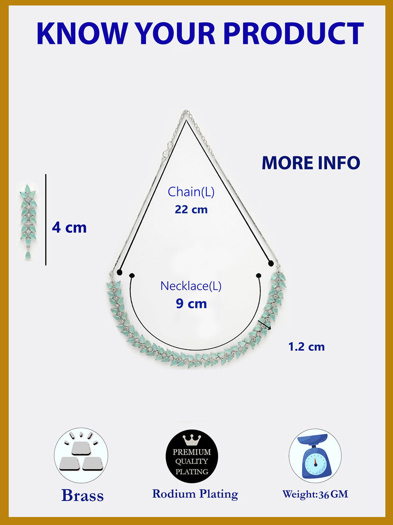 Rhodium Plated Silver Toned Sea Green Floral American Diamond Studded Necklace With Matching Earrings