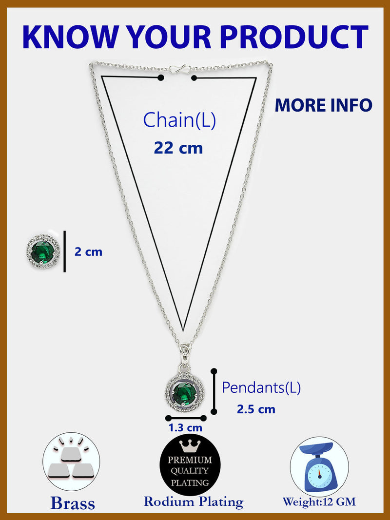 Rhodium Plated with Round Green American Diamond Studded Pendant Set