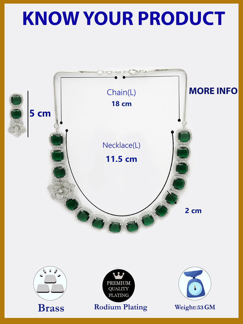 Rhodium Plated Silver Toned Green Cussion Cut AD Studded  Necklace With Matching Drop Earrings