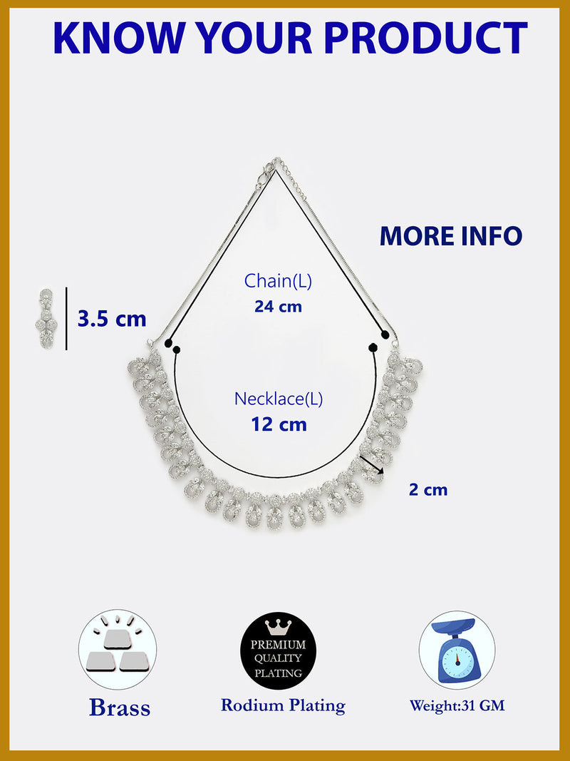 Rhodium Plated Silver Toned Round White American Diamond  Studded Necklace Set With Earrings