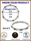 Rhodium Plated Silver Toned Royal Blue Square AD Studded Set Of 2 Floral Stylish Bangles