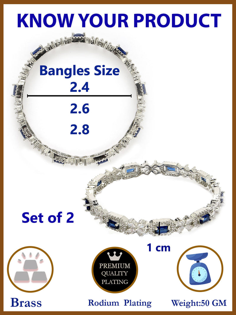 Rhodium Plated Silver Toned Royal Blue Square AD Studded Set Of 2 Floral Stylish Bangles
