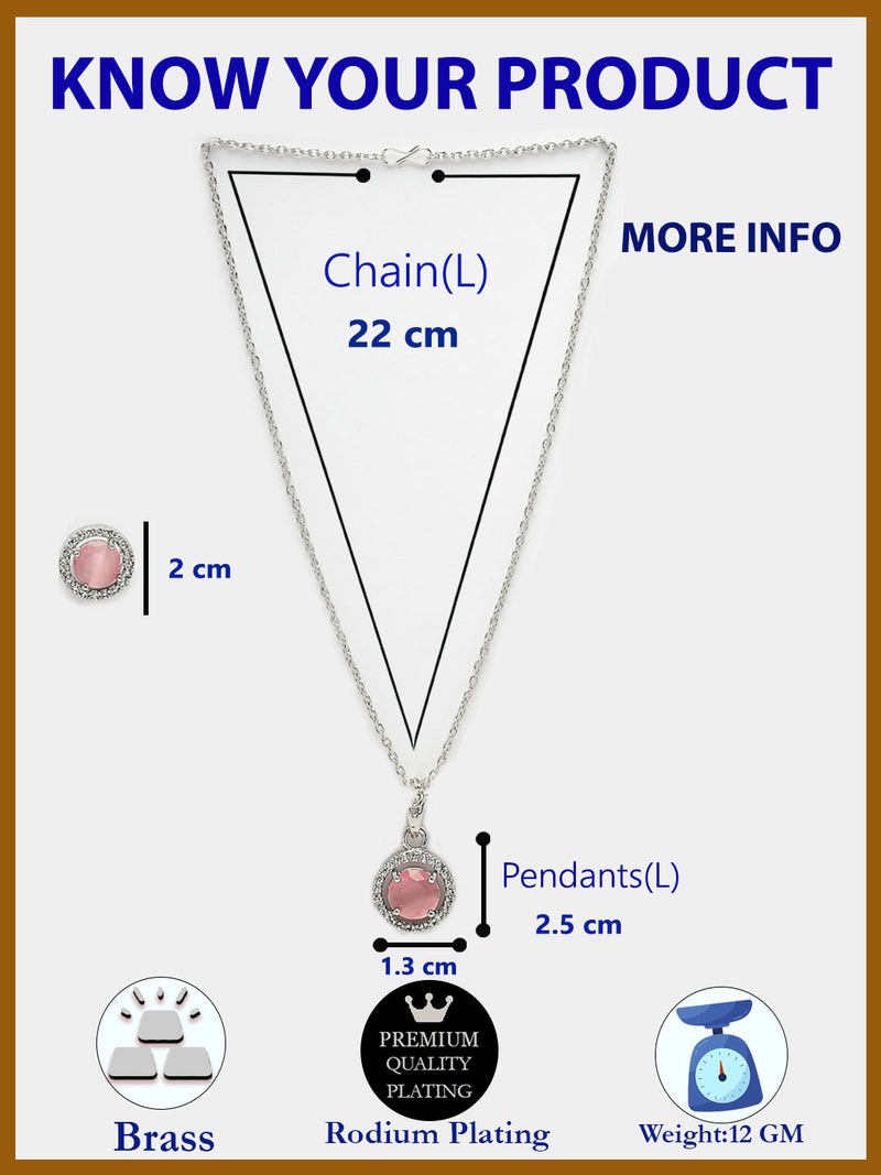 Rhodium Plated with Round Pink American Diamond Studded Pendant Set