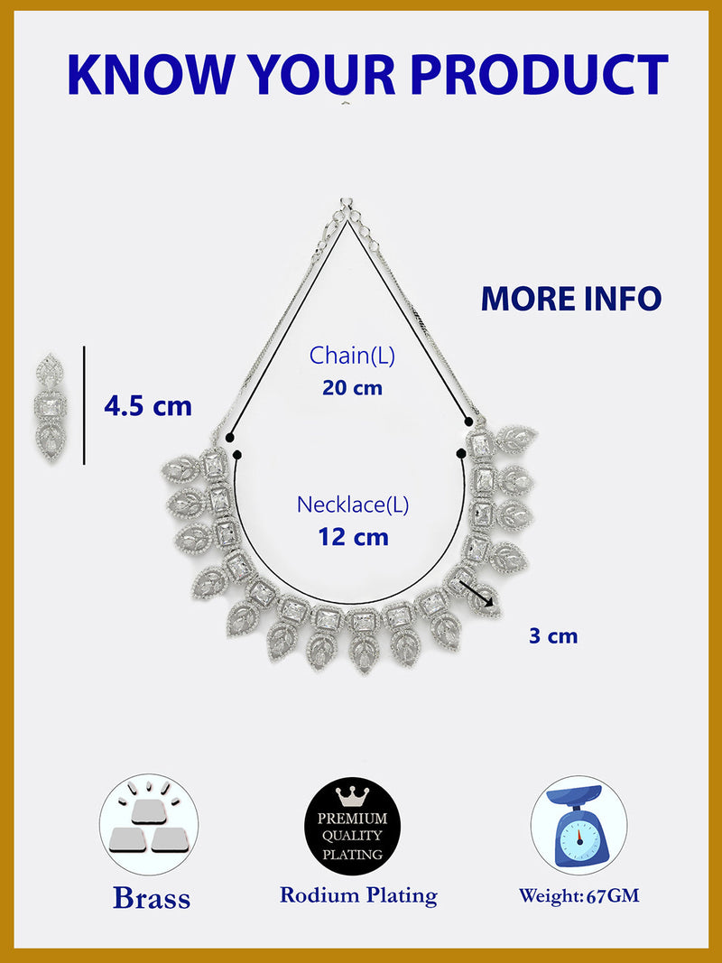 Rhodium Plated Silver Toned Halo Teardrop Design With White Square American Diamond Studded  Necklace With Matching Drop Earrings