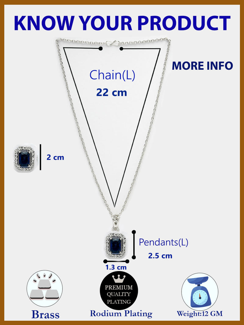 Rhodium Plated with Blue American Diamond Studded Rectangular Shaped Pendant Set