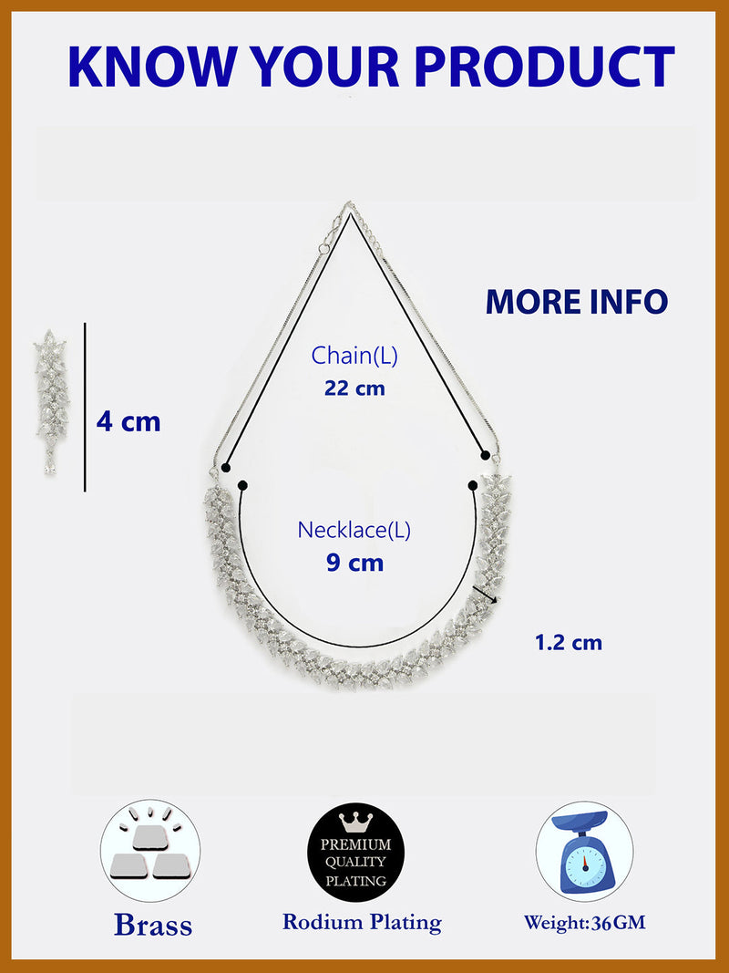 Rhodium Plated Silver Toned White Floral American Diamond Studded Necklace With Matching Earrings
