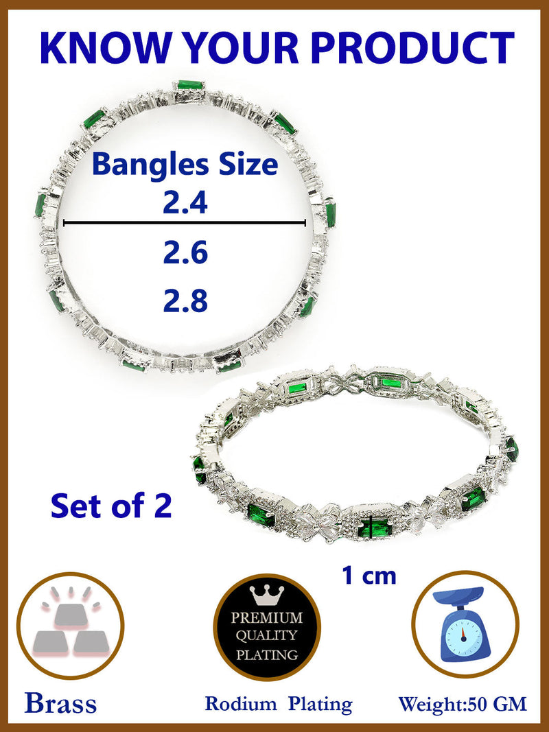 Rhodium Plated Silver Toned Green Square AD Studded Set Of 2 Floral Stylish Bangles