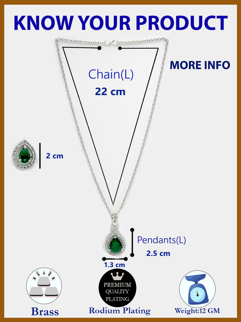 Rhodium Plated with Tear Drop Shaped Green American Diamond Studded Pendant Set