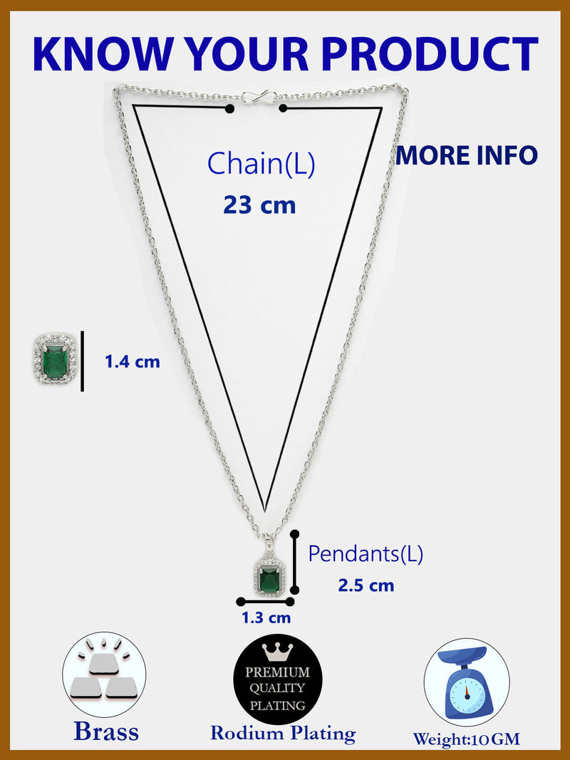 Rhodium Plated Silver Toned Square Shaped Green American Diamond Studded Pendant Set