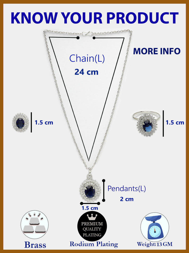 Rhodium Plated Silver Toned Oval Shaped Royal Blue American Diamond Studded Pendant Combo With Ring