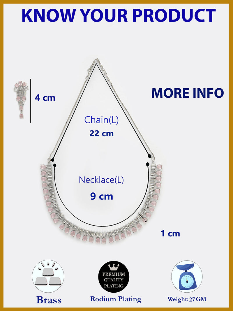 Rhodium Plated Silver Toned Pink AD Studded Classic Necklace With Floral Drop Earrings