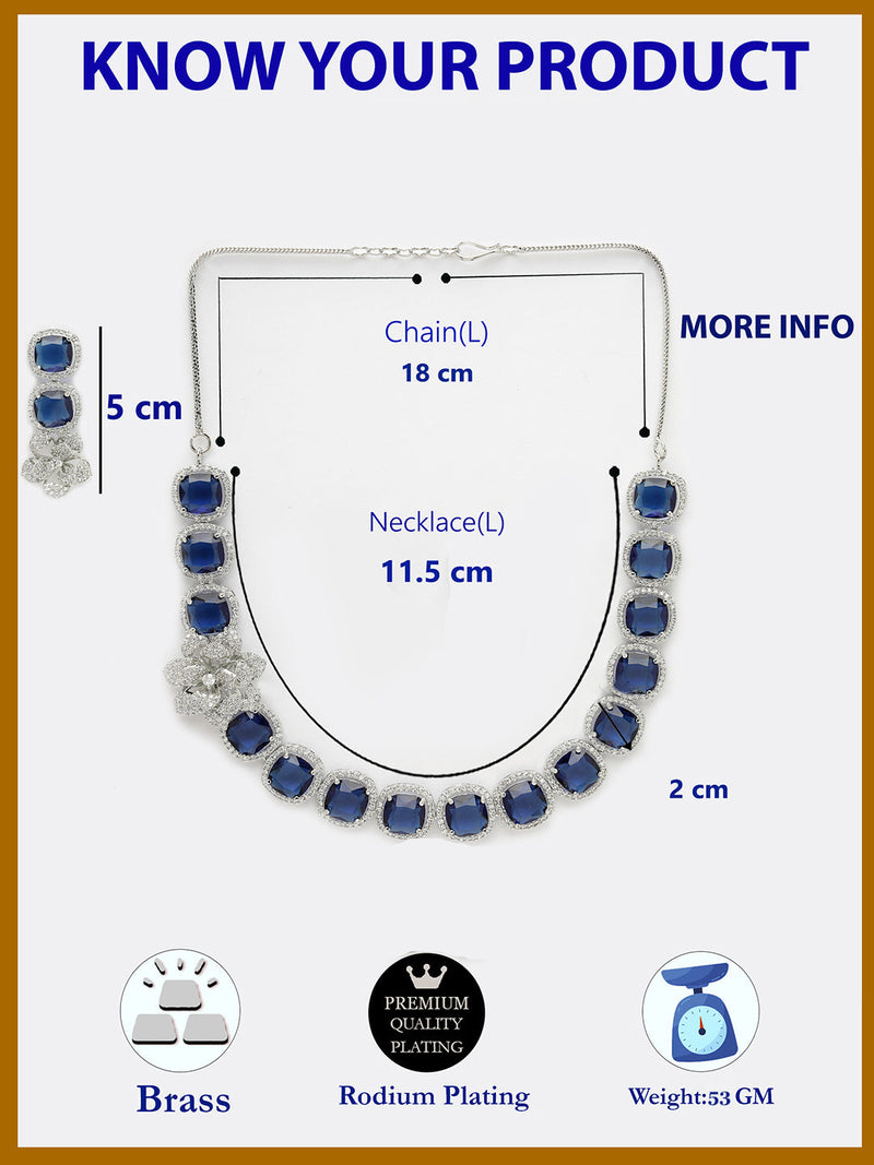 Rhodium Plated Silver Toned Blue Cussion Cut AD Studded  Necklace With Matching Drop Earrings