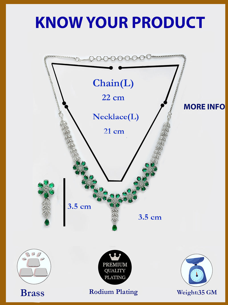 Rhodium Plated with Beautiful Floral Design Green & white AD Stones Studded Necklace Set