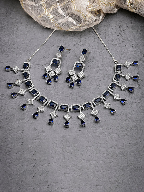 Rhodium Plated with Blue Crystal Chandelier Design American Diamond Studded Necklace Set