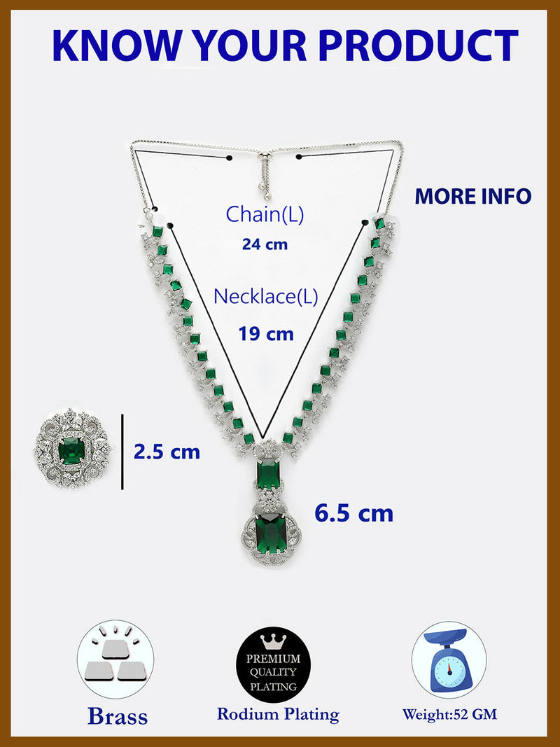 Rhodium Plated Silver Toned Square Green AD Studded Nita Ambani Necklace Set With Matching Stud Earrings Celebrity Jewellery Set