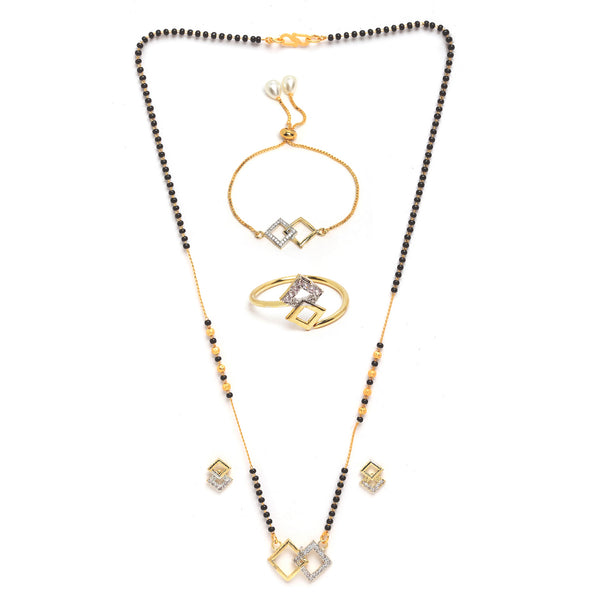 Square Shaped Gold-Plated & White AD-Studded & Beaded Mangalsutra Set